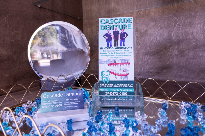 Business card and brochure display.