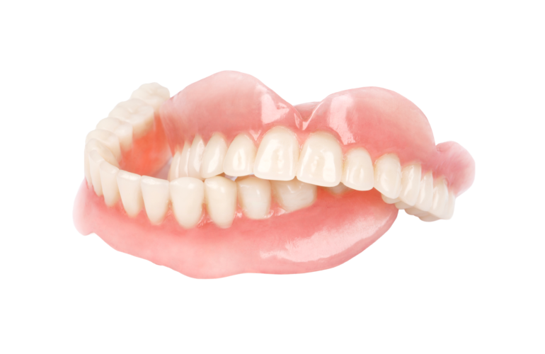 Set of realistic dentures displayed prominently.